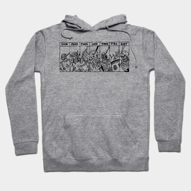 Gray graphic hoodie with days of the week design, casual style, cotton material, perfect for everyday wear.
