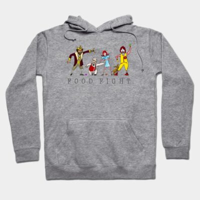 Gray hoodie with playful fast food character graphic and "Food Fight" text, casual style, cotton blend material.