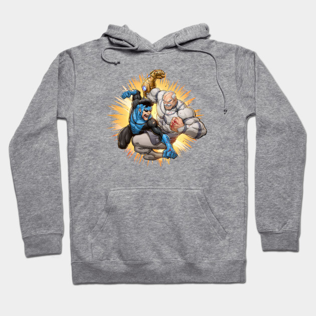 Gray graphic hoodie with superhero design, cotton blend, casual wear, ideal for comic fans, comfortable and stylish.