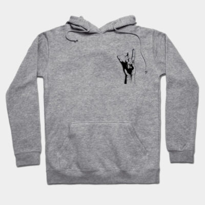 Gray hooded sweatshirt with front pocket and black hand gesture graphic, ideal for casual wear, made of soft cotton blend.