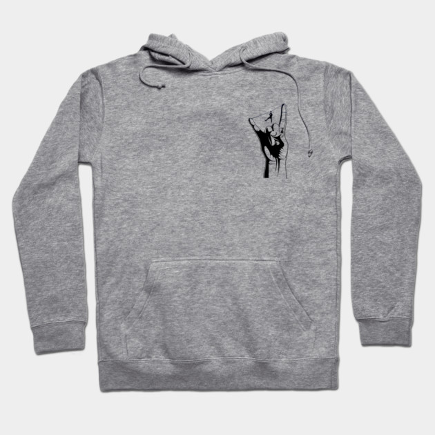 Gray hooded sweatshirt with front pocket and black hand gesture graphic, ideal for casual wear, made of soft cotton blend.