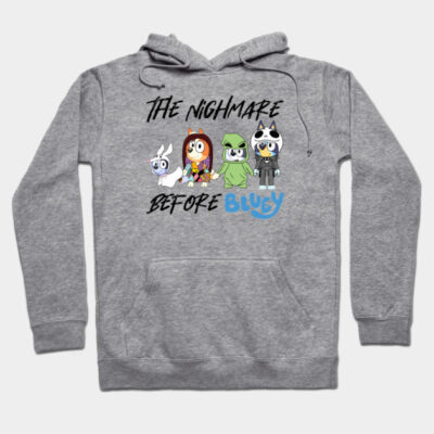 Gray hoodie with "The Nightmare Before Bluey" theme, featuring colorful cartoon characters, casual wear, cotton blend.