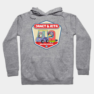 Gray hoodie with colorful "Janet & Rita Driving School" cartoon design, casual style, perfect for everyday wear.