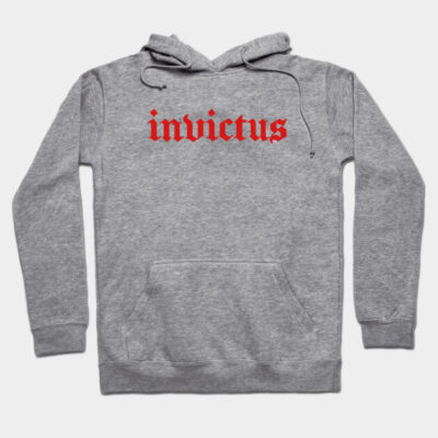 Gray "Invictus" hoodie with red text, featuring a cozy design and front pocket, perfect for casual wear.