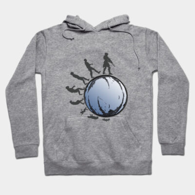 Gray hoodie with graphic design featuring evolution theme and blue sphere, cotton material, casual wear.