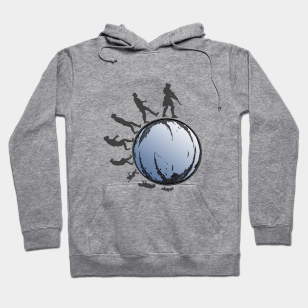 Gray hoodie with graphic design featuring evolution theme and blue sphere, cotton material, casual wear.