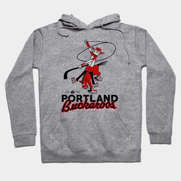 Gray hoodie with Portland Buckaroos design, featuring a cartoon cowboy and lasso. Casual wear, cotton blend.