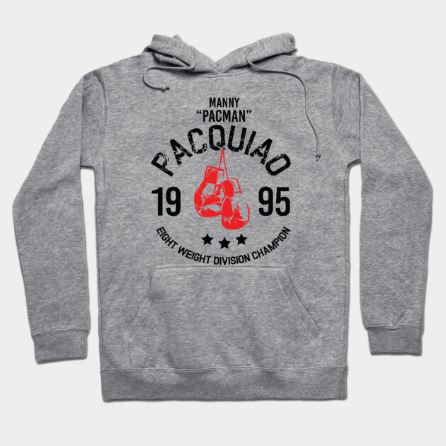 Gray hoodie with red boxing gloves graphic, text design, and front pocket. Casual sportswear made from soft cotton blend.
