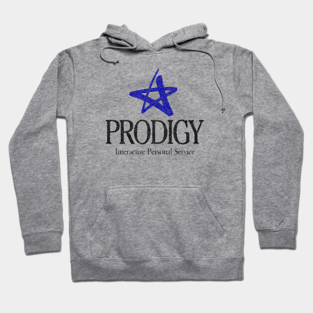 Gray hoodie with blue star design and "PRODIGY" text, made from soft cotton. Casual style for everyday comfort.