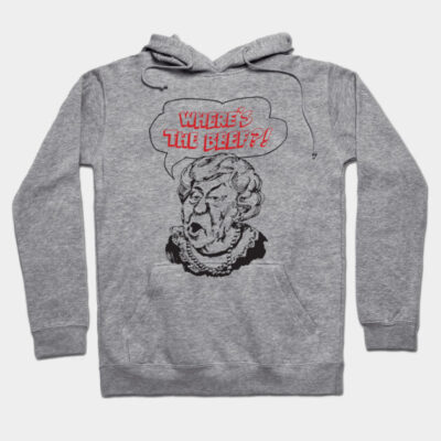 Gray hoodie with "Where's The Beef?!" graphic, featuring a vintage illustration. Casual wear, cotton blend material.