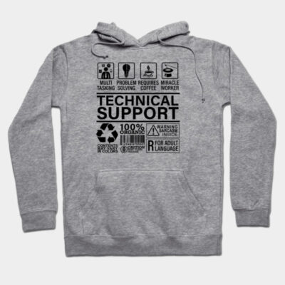 Gray hoodie with "Technical Support" print, humorous design, casual style, comfortable cotton blend fabric.