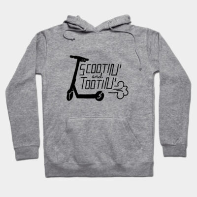 Gray hoodie with "Scootin' and Tootin'" scooter graphic, casual style, soft cotton material, ideal for everyday wear.