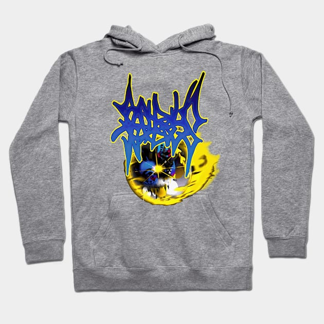 Gray hoodie with vibrant blue and yellow abstract graphic design, perfect for casual wear. Soft cotton material.