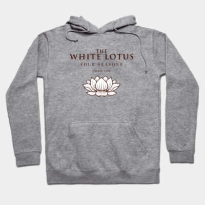 Gray hoodie with "The White Lotus" text and lotus graphic, featuring a front pocket and drawstrings, casual style.