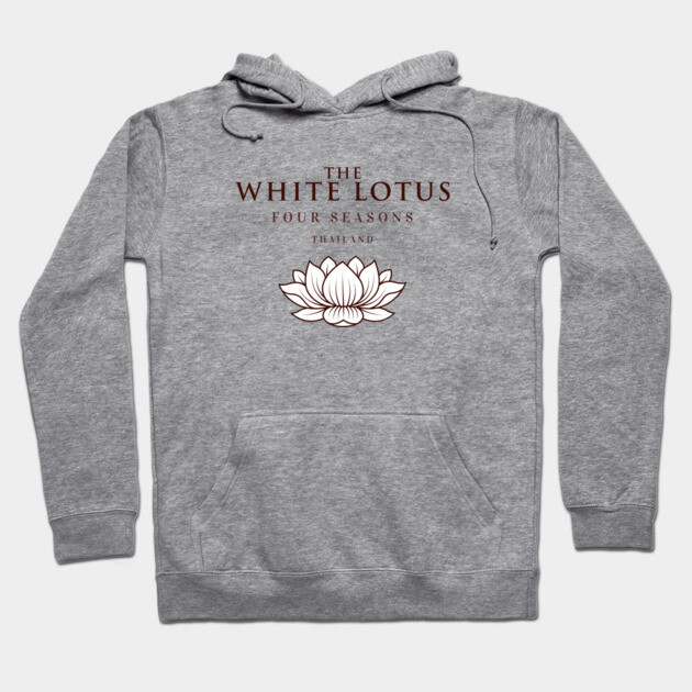 Gray hoodie with "The White Lotus" text and lotus graphic, featuring a front pocket and drawstrings, casual style.