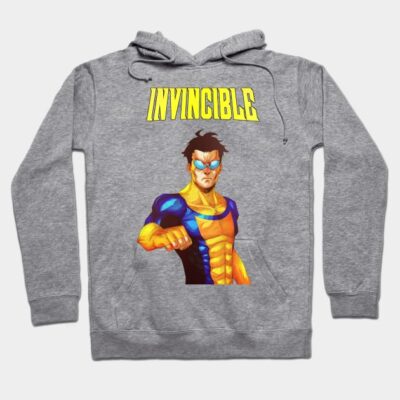 Gray hoodie with bold "Invincible" design, featuring vibrant colors and graphic art, ideal for casual wear.