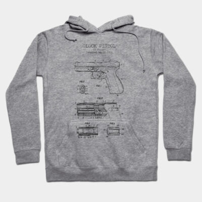 Gray hoodie with vintage pistol blueprint design, soft cotton blend, casual wear, unisex, long sleeves, drawstring.