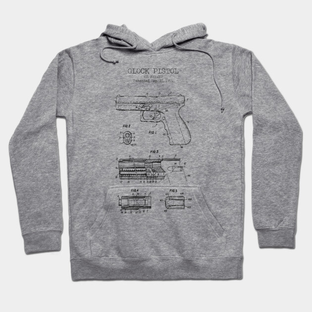 Gray hoodie with vintage pistol blueprint design, soft cotton blend, casual wear, unisex, long sleeves, drawstring.
