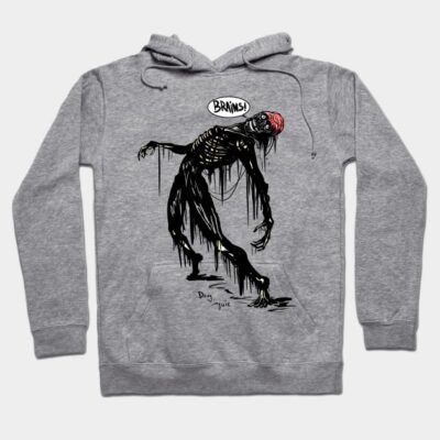 Gray hoodie with a zombie graphic and "Brains" speech bubble, perfect for casual wear or Halloween events.