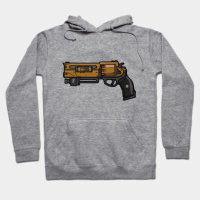 Gray hoodie with graphic design of a stylized revolver, casual wear, cotton blend, unisex style, comfortable fit.