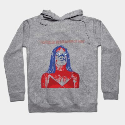 Gray hoodie with red and blue graphic art, featuring a horror-themed design. Perfect for casual wear and horror fans.