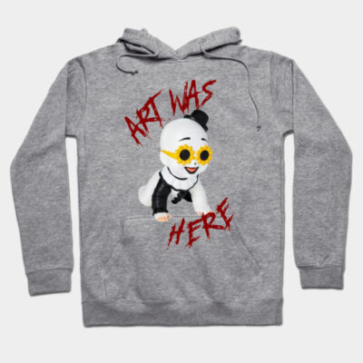 Gray hoodie with playful cartoon graphic and "Art Was Here" text, perfect for casual wear, cotton blend material.