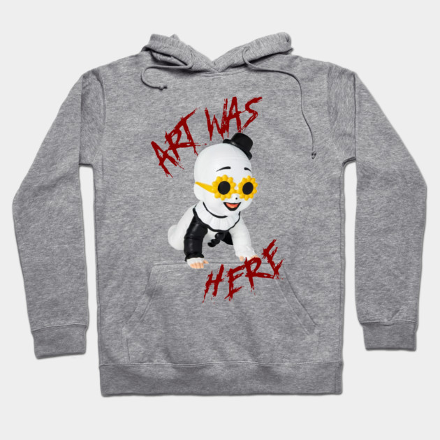 Gray hoodie with playful cartoon graphic and "Art Was Here" text, perfect for casual wear, cotton blend material.