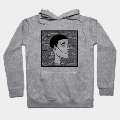 Gray hoodie with abstract face design, casual style, soft cotton material, perfect for everyday wear.
