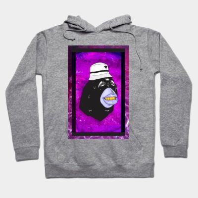Gray hoodie featuring a vibrant graphic of a gorilla with a white hat on a purple background. Casual streetwear style.