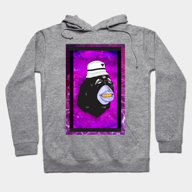 Gray hoodie featuring a vibrant graphic of a gorilla with a white hat on a purple background. Casual streetwear style.