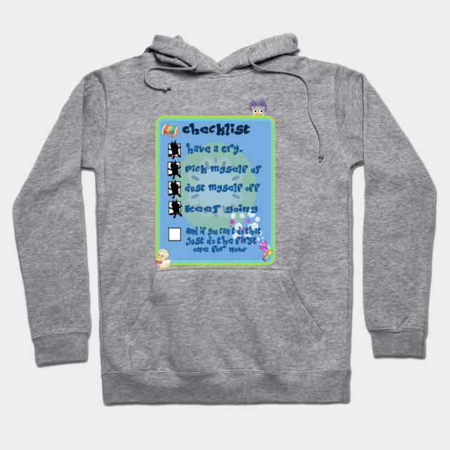 Gray hooded sweatshirt with motivational checklist graphic on front, casual style, soft cotton blend, unisex fit.
