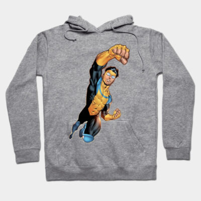 Gray hoodie with superhero graphic, featuring a bold flying pose, ideal for casual wear, cotton blend material.