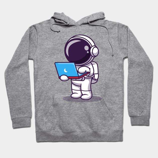 Gray hoodie with astronaut graphic, wearing headphones and holding a laptop, casual cotton blend sweatshirt.