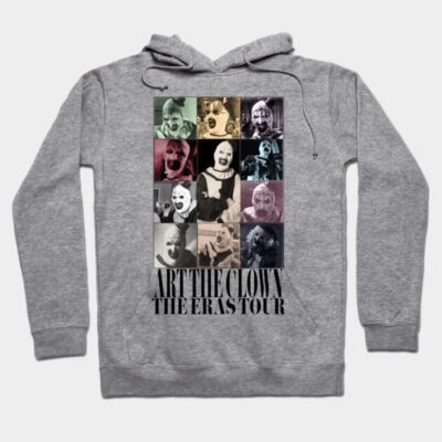 Gray hoodie featuring a colorful collage and text design, perfect for casual wear and showcasing unique artistic style.