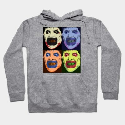 Gray hooded sweatshirt with colorful pop art design featuring expressive faces, perfect for casual wear and warmth.