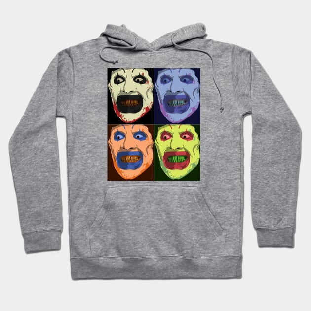 Gray hooded sweatshirt with colorful pop art design featuring expressive faces, perfect for casual wear and warmth.