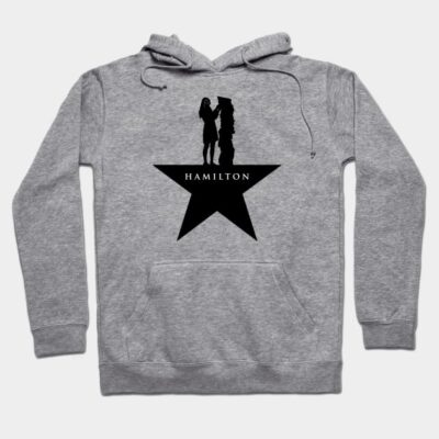 Gray hoodie with black star and silhouette design, Hamilton text, cozy casual wear, cotton blend, unisex style.