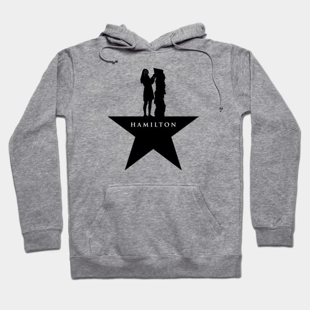 Gray hoodie with black star and silhouette design, Hamilton text, cozy casual wear, cotton blend, unisex style.