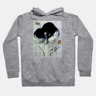 Gray hoodie with artistic graphic print, featuring a person and butterfly design. Comfortable, casual style for everyday wear.