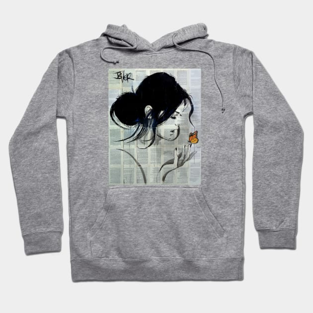 Gray hoodie with artistic graphic print, featuring a person and butterfly design. Comfortable, casual style for everyday wear.