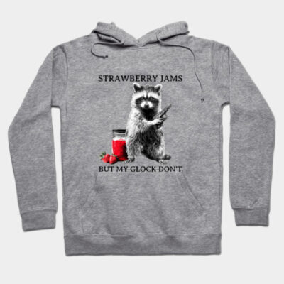 Gray hoodie with raccoon graphic, "Strawberry Jams" text, casual style, cotton blend, perfect for cool weather.