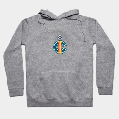 Gray cotton hoodie with colorful abstract logo, front pocket, and adjustable drawstring. Perfect for casual wear.