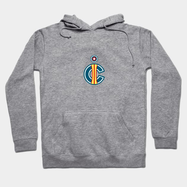 Gray cotton hoodie with colorful abstract logo, front pocket, and adjustable drawstring. Perfect for casual wear.