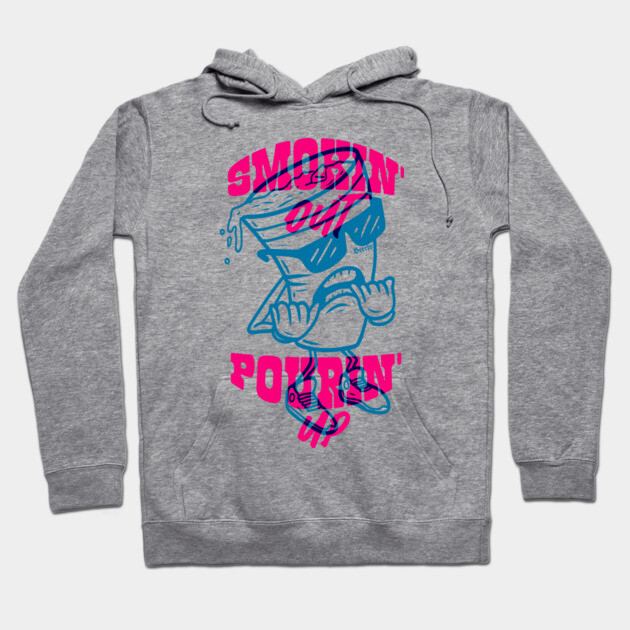 Gray graphic hoodie with blue and pink cartoon design, casual style, ideal for everyday wear, made of soft cotton blend.