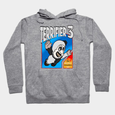 Gray hoodie with "Terrifier 3" graphic, featuring cartoon character. Casual wear, soft fabric, front pocket, unisex design.
