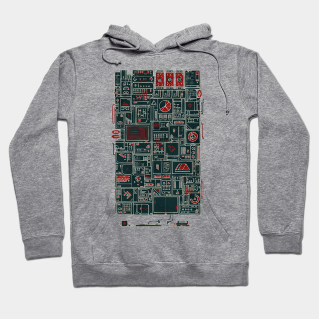 Gray hoodie with a futuristic circuit board design, unisex style, cotton blend, ideal for casual wear or tech enthusiasts.