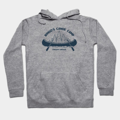Gray hoodie with "Bingo's Canoe Camp" graphic, featuring a canoe and trees design, ideal for outdoor adventures.
