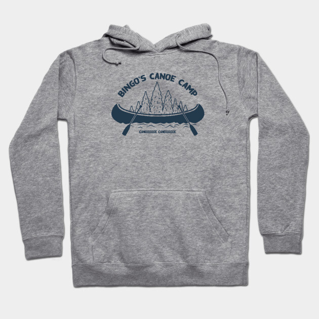 Gray hoodie with "Bingo's Canoe Camp" graphic, featuring a canoe and trees design, ideal for outdoor adventures.