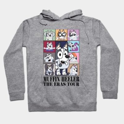 Gray hoodie with colorful cartoon squares and "Muffin Heeler The Eras Tour" text, cozy cotton blend.