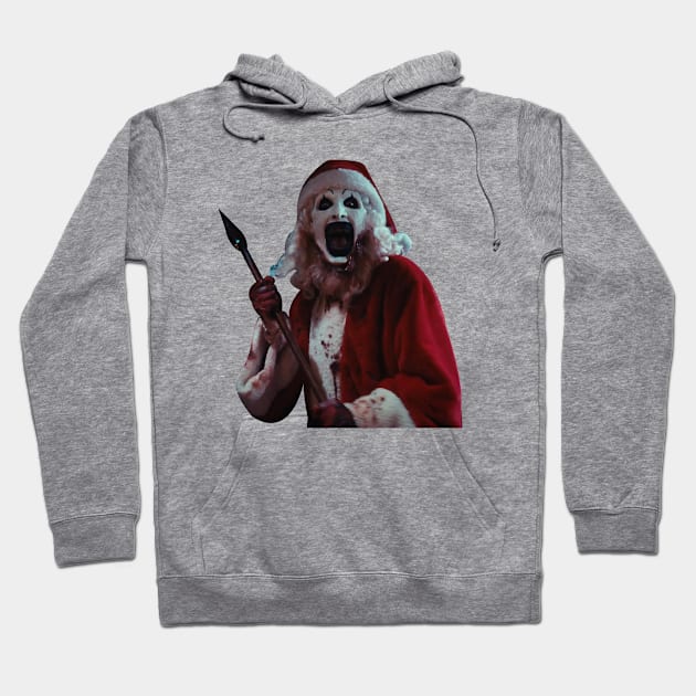 Gray Santa-themed hoodie with scary graphic, cotton blend, casual wear for winter.